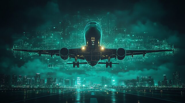 Airplane landing at night with digital lines in the background.