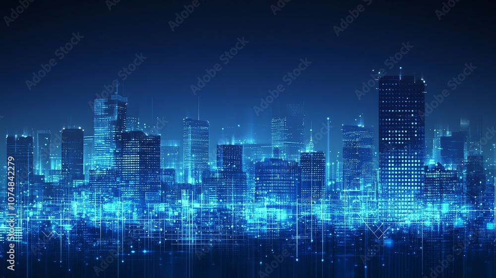 Poster A futuristic cityscape with glowing blue lines connecting buildings, representing digital networks and technology.