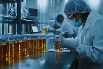 A pharmaceutical production line with workers in lab coats and masks meticulously processing glass medical vials, emphasizing precision and safety in a sterile environment 