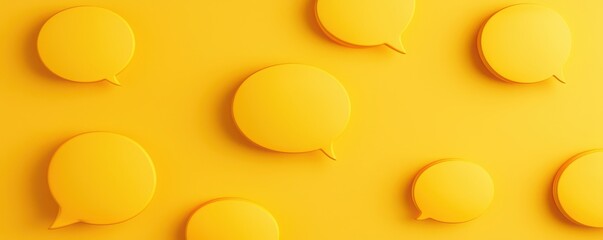 Yellow background with various dialogue bubbles, representing communication, ideas, and conversation. A vibrant and engaging design.
