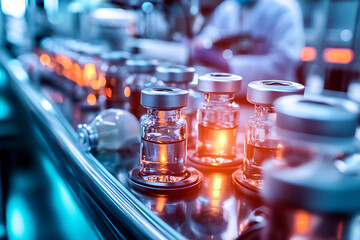 A pharmaceutical production line with workers in lab coats and masks meticulously processing glass medical vials, emphasizing precision and safety in a sterile environment 