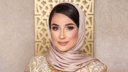 Portrait beautiful Arabian woman in hijab and traditional clothing, showcasing cultural beauty and grace with serene expression. Cultural fashion concept