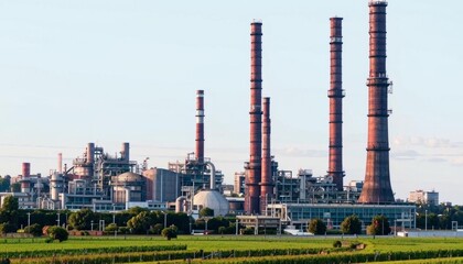 Obraz premium An industrial facility with multiple tall chimneys and complex machinery, surrounded by greenery and fields, under a clear sky. AI generated. 