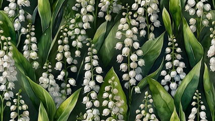 Obraz premium Textured contrast background. White lilies of the valley on a background of dark leaves, painted with oil paint. AI.