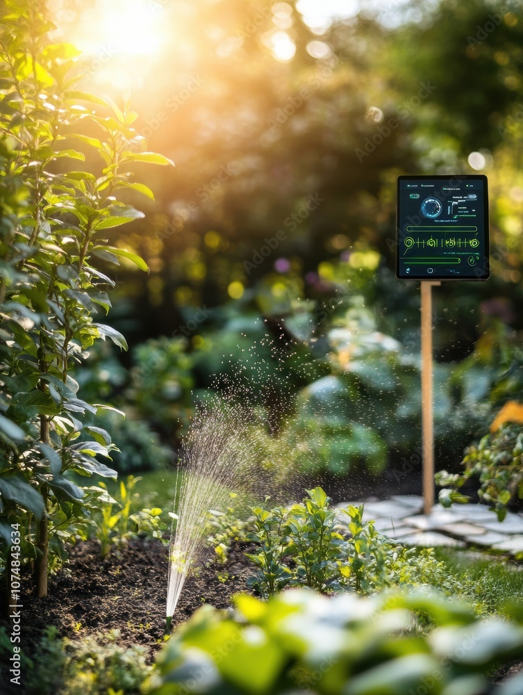Poster a well-maintained smart garden features automated sprinklers and soil sensors, enhancing plant healt