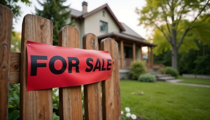 Red "For Sale" sign on wooden fence with house in background . 
