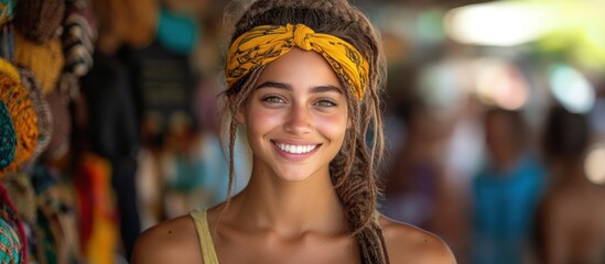 Obraz premium Smiling Woman with Dreadlocks and Yellow Headband