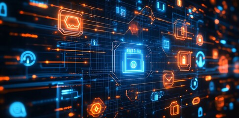 Abstract futuristic digital technology background with glowing icons, lines and data.