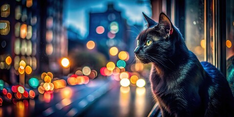 Cat in Window Low Light Dramatic Photo, Night Scene, AI Art,  Nocturnal Cat,  Urban Scene