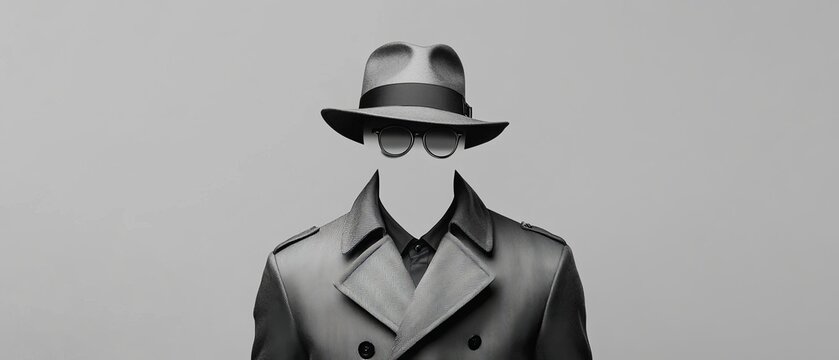 an invisible man wearing a hat  and glasses and a suit isolated on gray background, Unseen figure unknown incognito.
