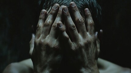 Man in Despair with Hands Covering Face Reflecting Mental Struggle and Emotional Distress