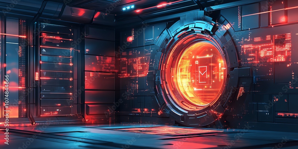 Poster futuristic server room with glowing red lights and a circular door.