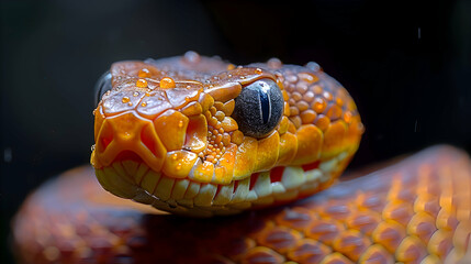 Fototapeta premium Amazon Fire-bellied Snake head, its eyes and scales detailed with a soft focus background providing