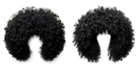 Two black Afro style wigs with a transparent background