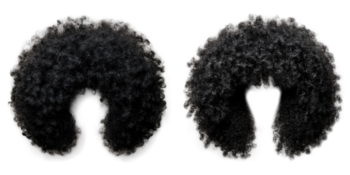Two black Afro style wigs with a transparent background