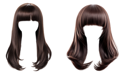 Two women's wigs with air bangs style and a transparent background