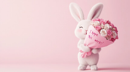 Obraz premium Studio shot of a valentine’s card with cartoon bunny and rose bouquet for romantic wishes