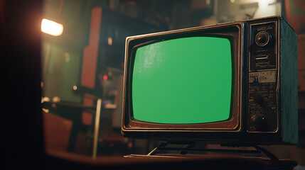 close up of artistic 3d rendered old classic television with green screen on the side of composition surrounded in ruined empty room dynamic cinematic lighting chroma key tv footage