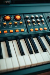 Closeup of teal synthesizer keyboard.