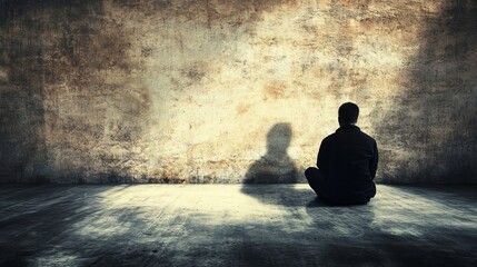 Man Sitting Alone Facing a Wall in a Dark, Empty Room