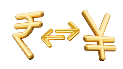 3d Golden Rupee And Yen Symbol Icons With Money Exchange Arrows On White Background, 3d illustration
