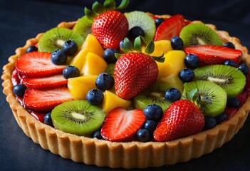 Close-up shot of a vibrant fruit tart with fresh strawberries, blueberries, and kiwi, arranged on a buttery crust, topped with a glaze, against a dark background. Ai generated image.