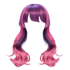 Anime style women's wig with bangs and a pink to purple gradient. transparent background