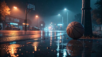 Obraz premium Basketball at Night on Wet Surfaces, rain, moody bokeh Lights, Cinematic V1