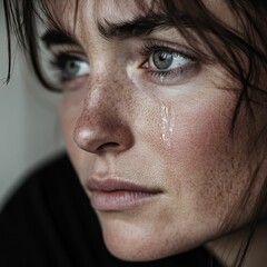 Obraz premium Close-up of a woman crying with tears on her cheek.