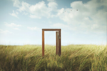 surreal open door in the middle of nature, symbol of passage
