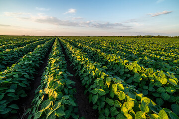 Vast agricultural field at sunset, showcasing rows of vibrant soybean green crops under a vast sky