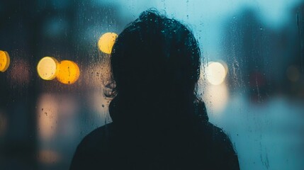 Silhouette of Person Looking Out Rain-Covered Window