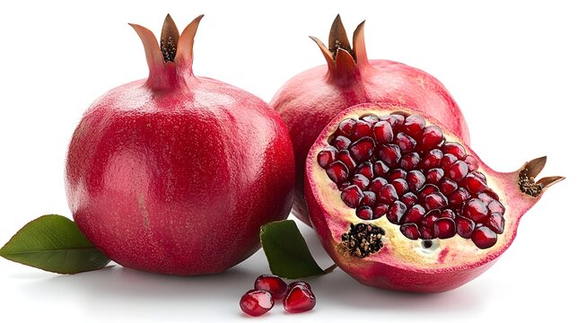 Closeup of a freshly picked ripe red pomegranate fruit with vibrant red skin and visible juicy seeds on a plain white background. The pomegranate is a healthy.