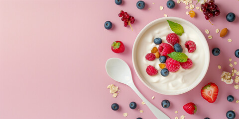 Fresh Yogurt Bowl with Berries and Granola on Pink Background