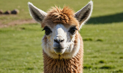 A brown alpaca stands in a field and looks directly at the camera
