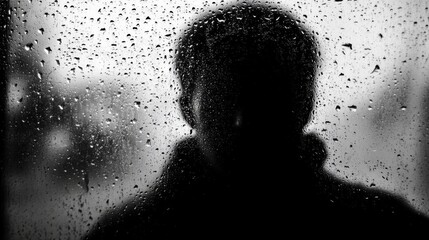Silhouette of a Person Behind Rain-Covered Window in Black and White