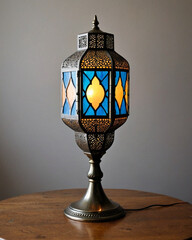 Elegant and Ornate Stained Glass Table Lamp with Intricate Floral Patterns and Metal Base on Wooden Table, Perfect for Adding Warm, Cozy Ambiance to Living Room, Bedroom, Study, or Home Office Interio