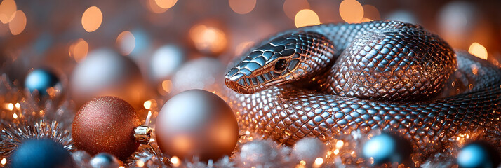 Close-up view of a coiled venomous snake,possibly a python or boa,surrounded by shiny Christmas ornaments and twinkling holiday lights in a festive,abstract setting.