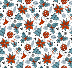 Merry Christmas happy new year  winter holidays seamless pattern with poinsettia flowers foliage leaves greenery holly berry balls trees in red dusty blue white colros, vintage  xmas 