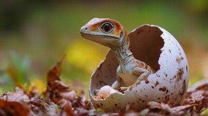 A curious little creature peeks from its eggshell. Wonder and nature combine in harmony. The vibrant colors bring joy and enchantment to the viewer. Generative AI.