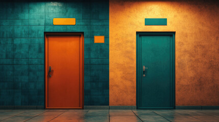 two contrasting doors side by side, one orange and one teal, against bold walls of matching colors. The floor is tiled, creating a modern, artistic symmetry emphasizing choice and contrast