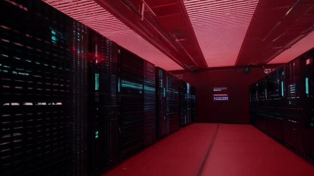 Immense red supercomputing power room a gigantic server array that stretches, controlling and managing the vastness of the internet. Generative AI
