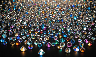 A close-up of colorful rhinestones scattered across a black surface