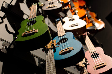 Musical instrument shop, colorful guitars