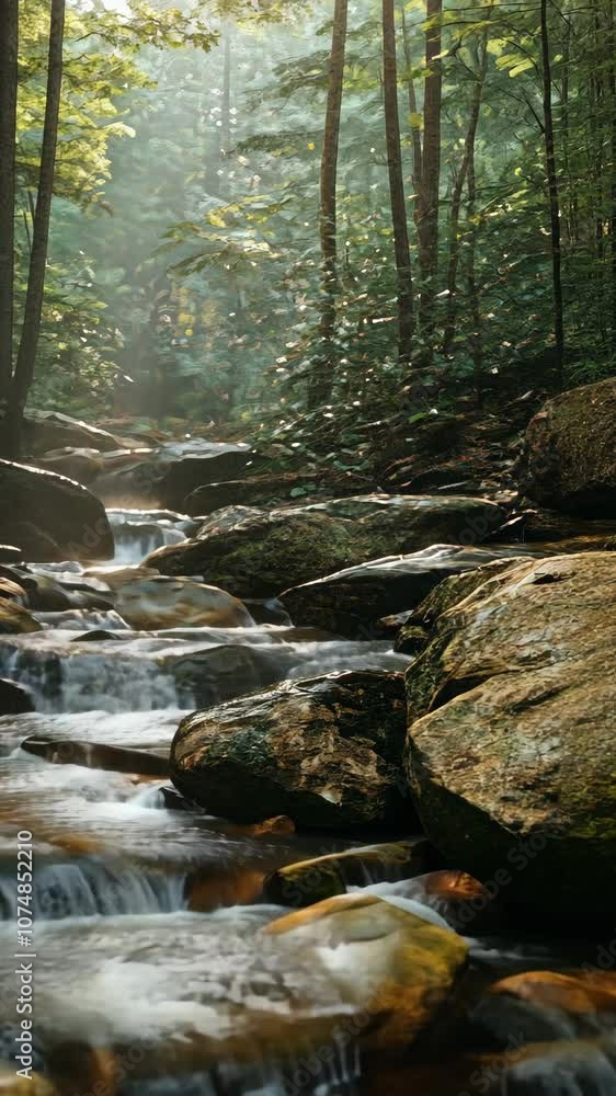 Aufkleber sunlight filters through the trees, illuminating a small stream cascading over smooth rocks in a den
