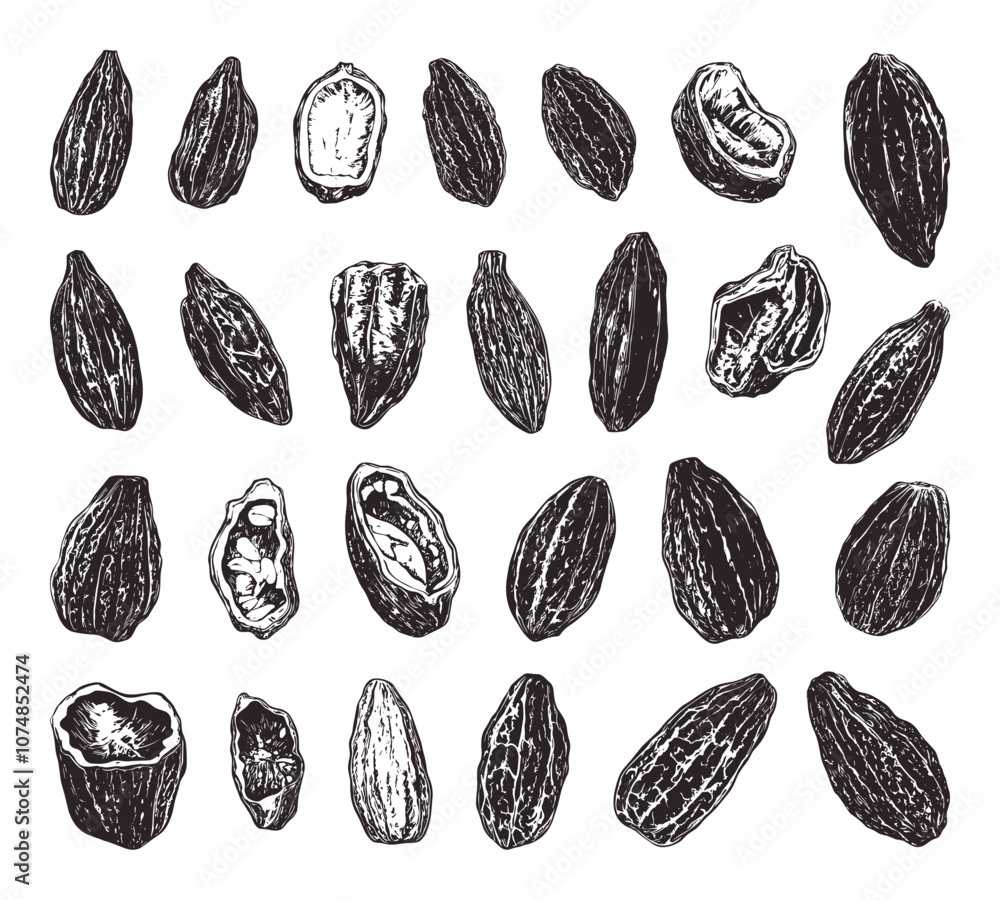 Poster cocoa beans hand-drawn linocut vector set on white background with textured botanical art vintage gr