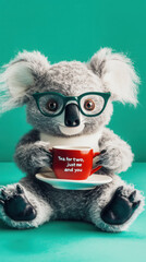 Obraz premium Cute koala with glasses holding valentine's tea cup for romantic greetings