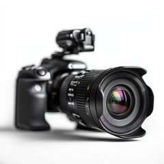 Black DSLR camera on white background.