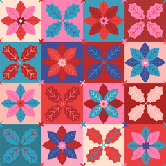 Merry Christmas happy new year  winter holidays seamless pattern  with geometric scandinavian nordic folk art style poinsettia flowers and holly leaves in checkers, scandi xmas vector illustration