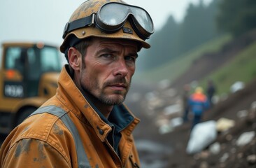 Environmental Worker in Protective Gear Controlling Industrial Waste Heap